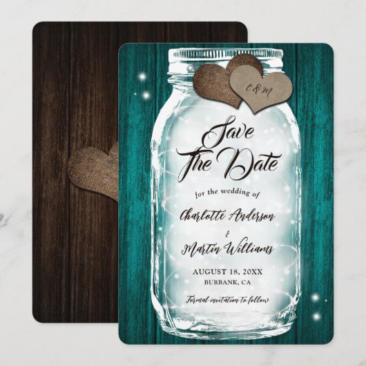 Land Blauwgroen Wood Hearts Lights Mason Jar Weddi Save The Date (Voorkant / Achterkant)