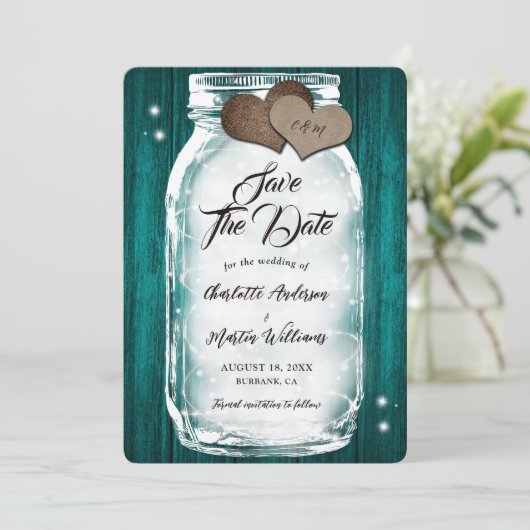 Land Blauwgroen Wood Hearts Lights Mason Jar Weddi Save The Date (Staand voorkant)