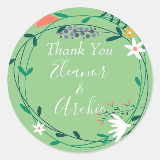 Land Bloemen Garland Bruiloft Dank u Favor Ronde Sticker (Voorkant)