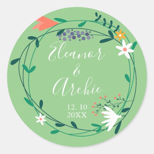 Land Bloemen Garland Trouwgunst Ronde Sticker (Voorkant)
