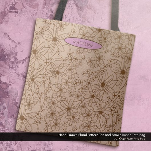 Land Bloemen Hand getrokken Patroon Tan Tote Bag