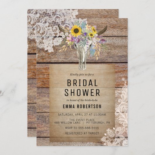 Land Bloemen Koe Schedel Bridal Douche uitnodiging (Voorkant / Achterkant)