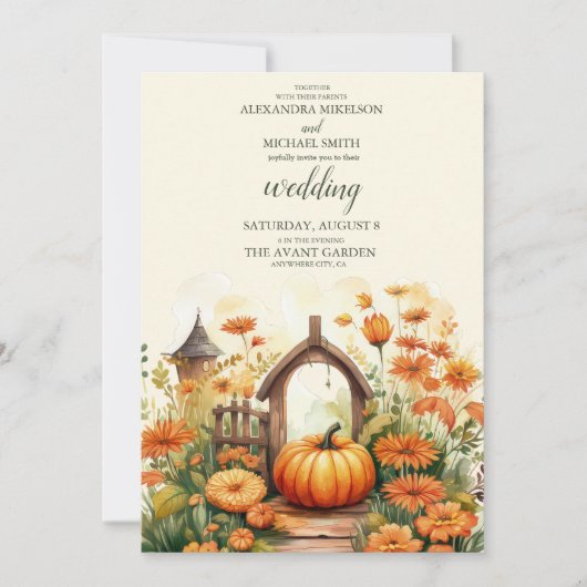 Land Bloemen Pompoen Scrip Bruiloft Kaart (Voorkant)