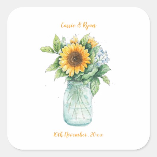 Land Bloemen Rustieke Zonnebloem Mason Jar Wedding Vierkante Sticker (Voorkant)