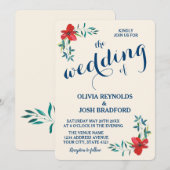 Land Bloemen Waterverf Navy Rode bruiloft Kaart (Voorkant / Achterkant)