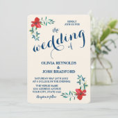 Land Bloemen Waterverf Navy Rode bruiloft Kaart (Staand voorkant)