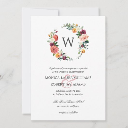 Land Bloom Autum Floral Wreath Monogram Weddenscha Kaart (Voorkant)