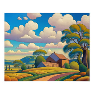 Land Boerderij badend in Golden Sunlight Foto Afdruk