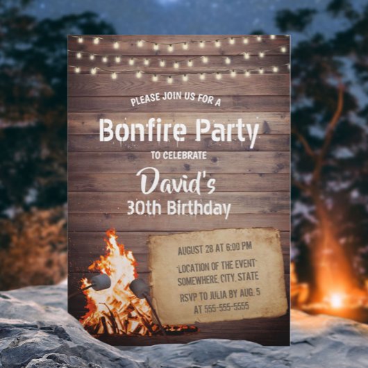 Land Bonfire Party Rustic String Light Birthday Kaart