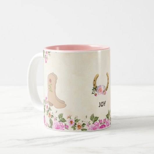 Land Boots & Hoefijzer met bloemen op beige Tweekleurige Koffiemok (Voorkant links)