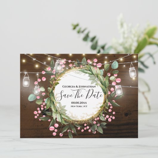 Land botanische bloemenkoord licht bruin hout save the date (Staand voorkant)