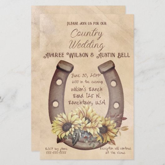 Land Bruiloft Hoefijzer en Zonnebloemen (Voorkant / Achterkant)