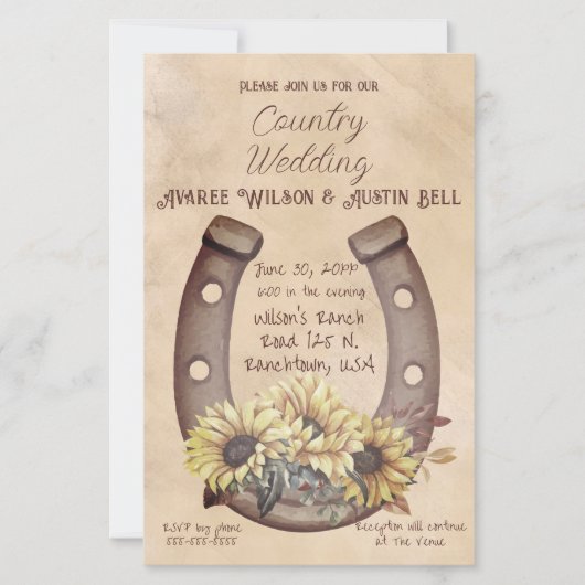 Land Bruiloft Hoefijzer en Zonnebloemen (Voorkant)