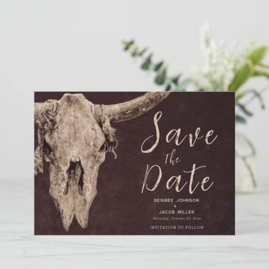 Land Bruin Rodeo Bull Skull Save De Datum Aankondiging (Staand voorkant)