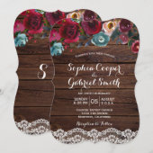 Land Burgundy Navy Floral Lace | Hout Weddenschap Kaart (Voorkant / Achterkant)