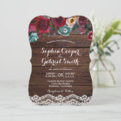 Land Burgundy Navy Floral Lace | Hout Weddenschap Kaart (Staand voorkant)