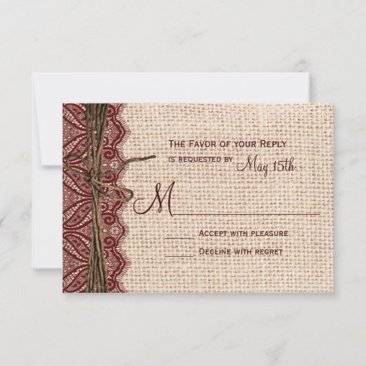 Land Burlap Maroon Red Lace Twine Wedding RSVP (Voorkant)