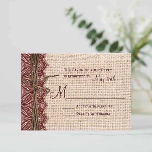 Land Burlap Maroon Red Lace Twine Wedding RSVP (Staand voorkant)
