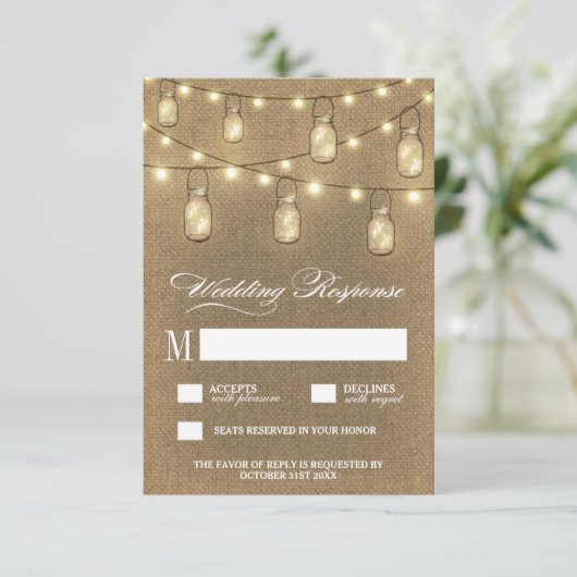 Land Burlap Mason Jar Bruiloft RSVP Kaarten (Staand voorkant)