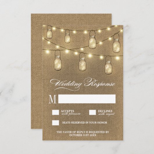Land Burlap Mason Jar Bruiloft RSVP Kaarten (Voorkant / Achterkant)