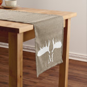 Land Burlap Witte Moose Antlers Monogrammed Korte Tafelloper (Voorbeeld)