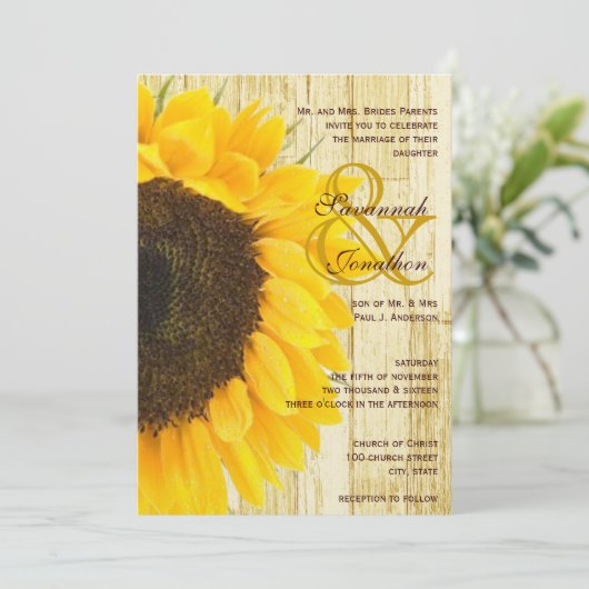 Land Chic Barn Wood Sunflower Wedding Invitation Kaart (Staand voorkant)