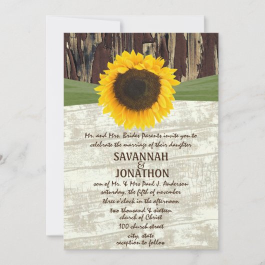 Land Chic Barn Wood Sunflower Wedding Invitation Kaart (Voorkant)
