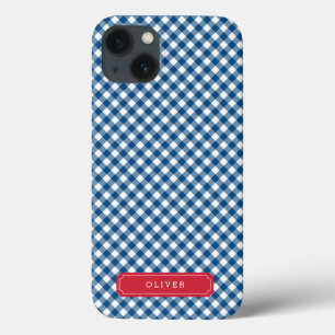 Land Chic Blue Gingham personaliseren met naam iPhone 13 Hoesje