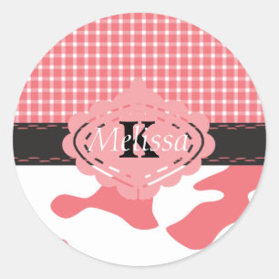 Land Chic Roze Koe & Plaid Monogram Ronde Sticker