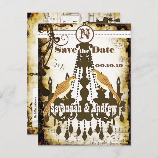 Land Chic Rustic Chandelier Opslaan Datum Aankondigingskaart (Voorkant / Achterkant)