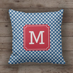 Land Chique Blauw Gingham Naam Monogram Kussen