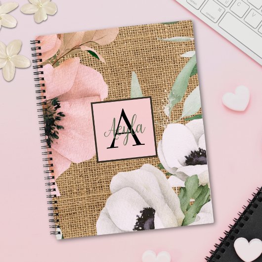 Land Chique Floral Burlap Monogram Notitieboek