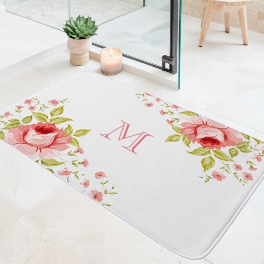 Land Chique Roze Rozen Hoek Motief Monogram Badmat
