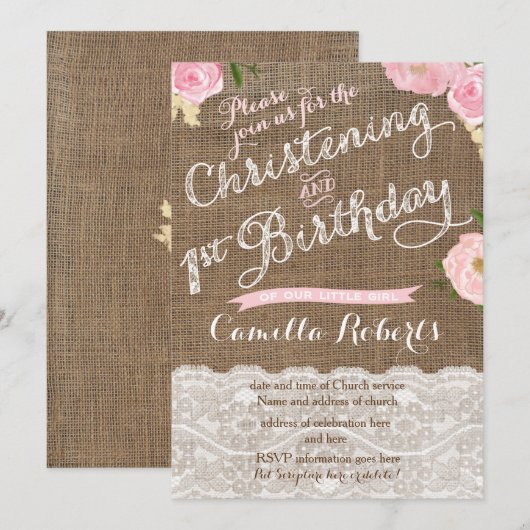 Land Christening 1e verjaardag Uitnodiging meisje (Voorkant / Achterkant)