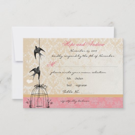 Land Coral Damask Bird Cage Weddenschap RSVP (Voorkant)