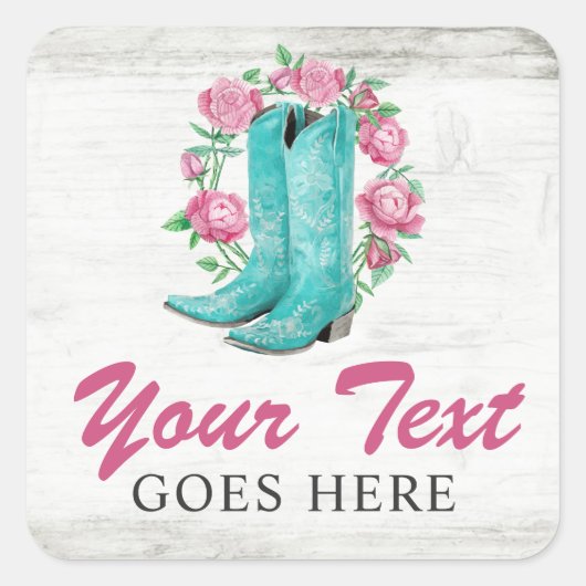 Land Cowgirl Boots & Shabby Rozen Rustige Wood Vierkante Sticker (Voorkant)