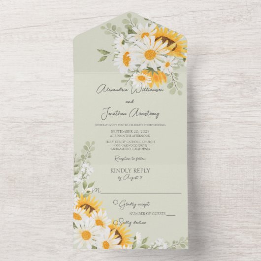 Land Daisies en Zonnebloemen op Groen All In One Uitnodiging (Binnen)