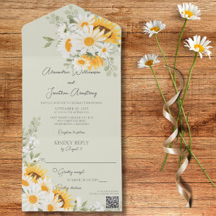Land Daisies en Zonnebloemen op Groene QR Code All In One Uitnodiging