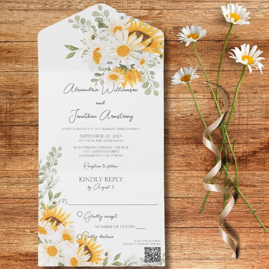 Land Daisies en Zonnebloemen op witte QR Code All In One Uitnodiging
