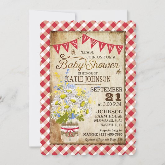 Land Daisies Gingham Check Twins Baby shower Kaart (Voorkant)