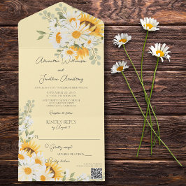 Land Daisies & Zonnebloemen op Bord Gouden QR Code All In One Uitnodiging