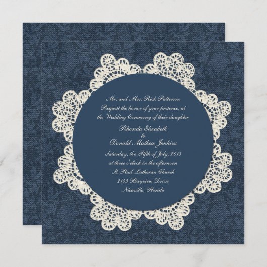 Land Denim Damask & Ivory Lace Wedding Kaart (Voorkant / Achterkant)