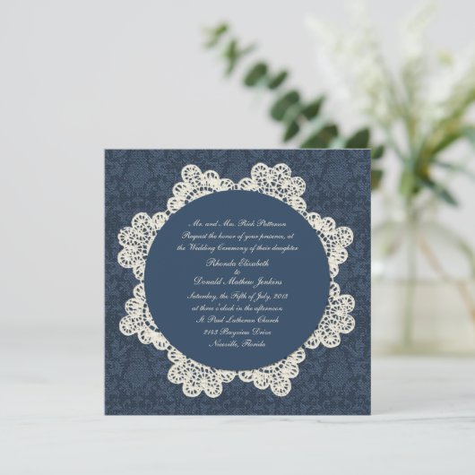 Land Denim Damask & Ivory Lace Wedding Kaart (Staand voorkant)