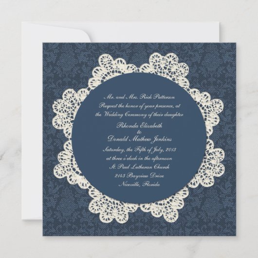 Land Denim Damask & Ivory Lace Wedding Kaart (Voorkant)