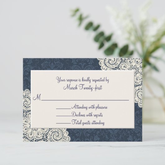 Land Denim Damask & Ivory Wedding RSVP-kaart RSVP Kaartje (Staand voorkant)