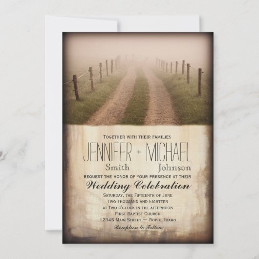Land Dirt Road Rustic Fence Post Wedding Invite Kaart (Voorkant)