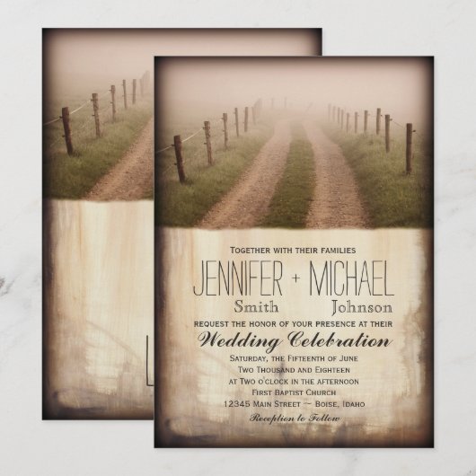 Land Dirt Road Rustic Fence Post Wedding Invite Kaart (Voorkant / Achterkant)