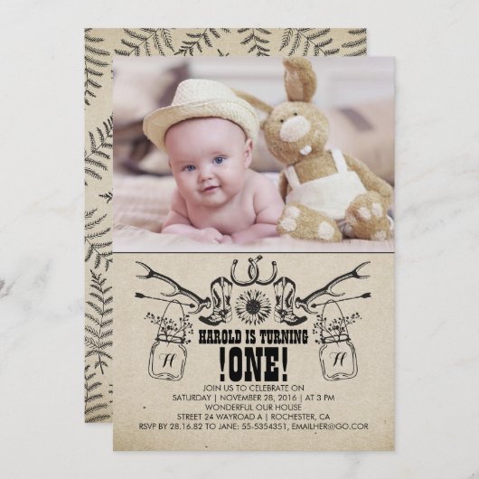 Land en Rustiek 1 Verjaardag Fotouitnodiging Kaart (Voorkant / Achterkant)
