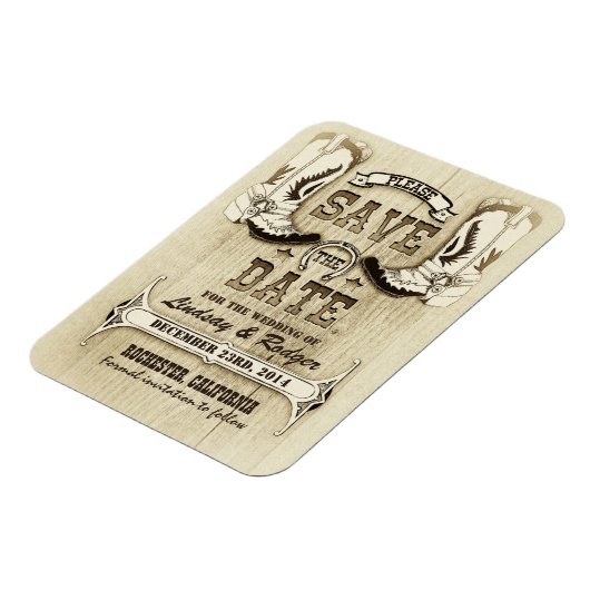 Land en Westerne Cowboy laarzen Save the Date Magneet (Linkerzijde)