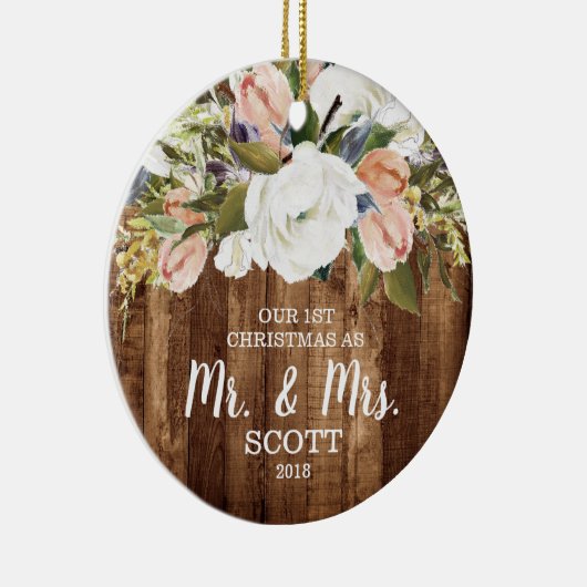 Land Floral Eerste Kerstmis trouwde Mr & Mrs. Keramisch Ornament (Rechts)